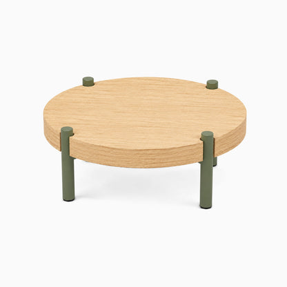 Fern Plant Stand (White Oak) with minimalist design featuring natural wood round top and sturdy green steel legs, perfect for stylish plant display.