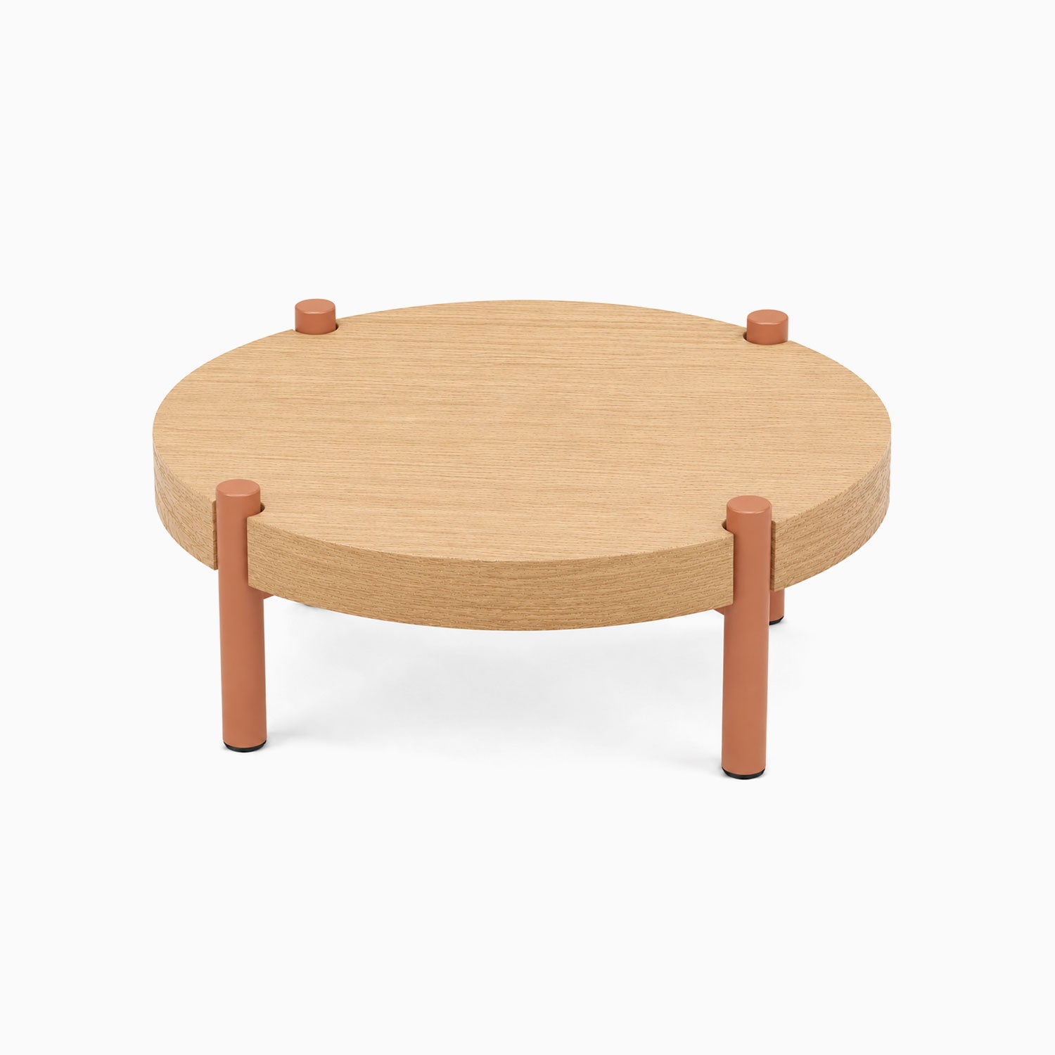 Minimalist Fern Plant Stand (White Oak) with round solid hardwood top and four terracotta-colored metal legs, ideal for stylish display and organization.