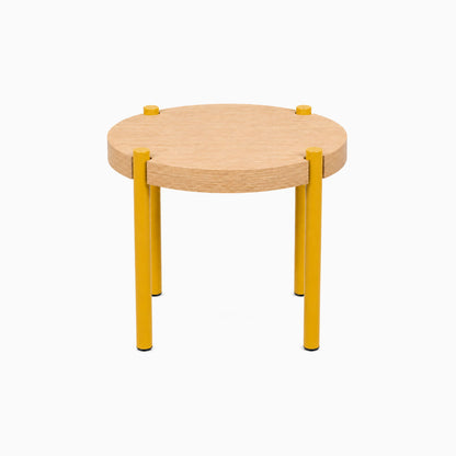 Fern Plant Stand (White Oak) featuring a minimalist round white oak top with vibrant yellow metal legs, designed for functional wall shelf and room organization.