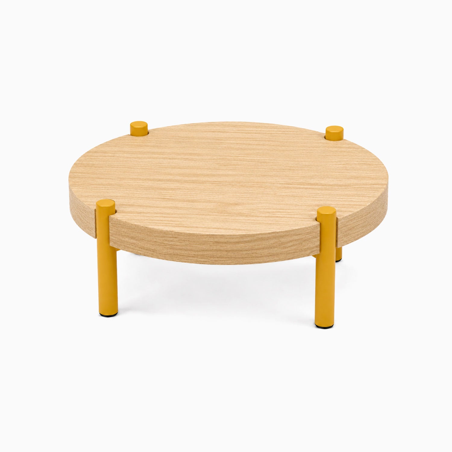 Fern Plant Stand (White Oak) with minimalist round solid hardwood surface and mustard yellow metal legs, designed for functional wall shelf displays.