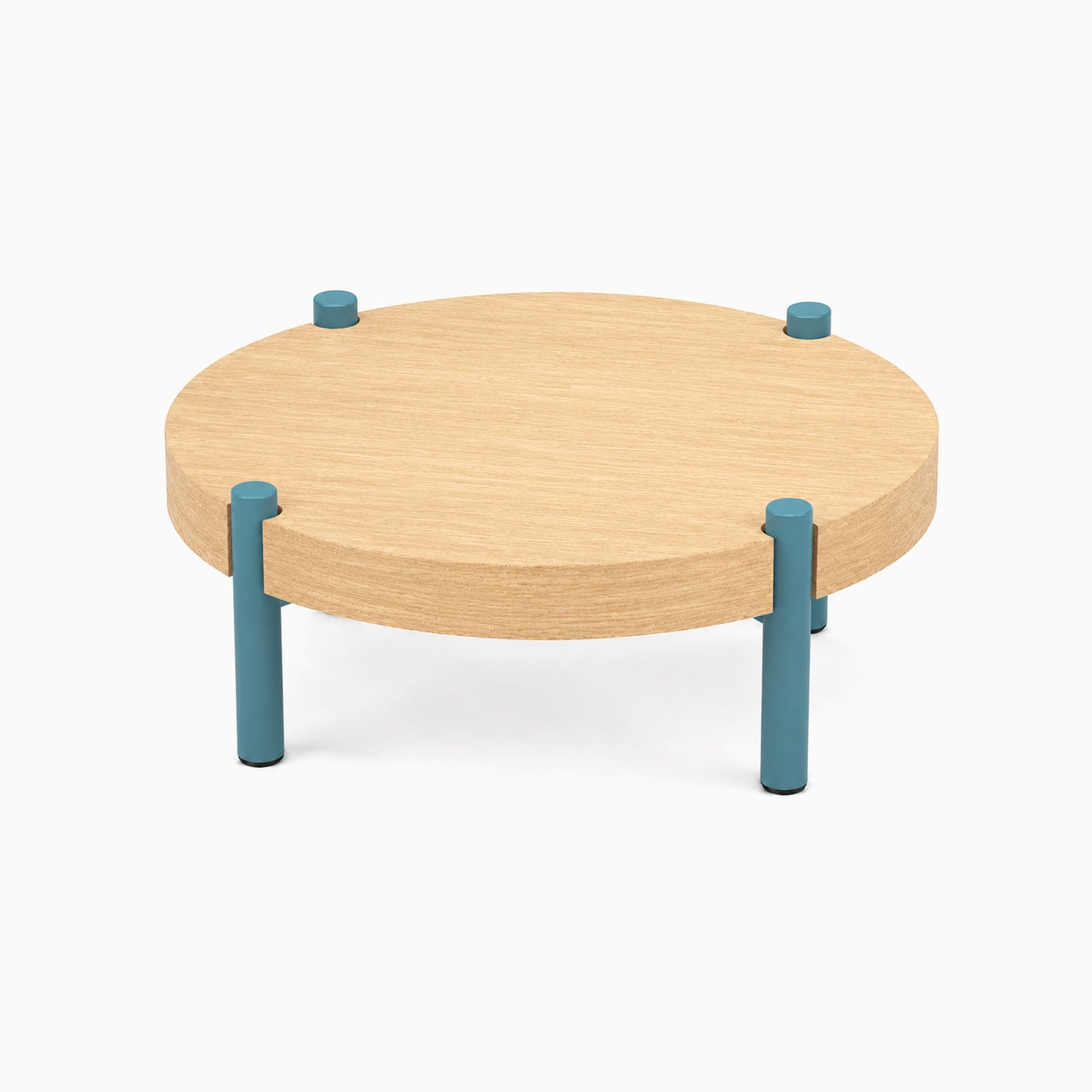 Fern Plant Stand (White Oak) featuring a round white oak top elevated by sturdy teal metal legs, blending minimalist design with durable mixed materials.
