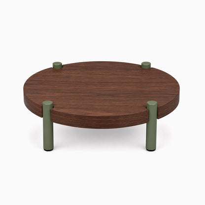 Fern Plant Stand (Walnut) with solid walnut wood top and olive green steel legs, minimalist design perfect for displaying plants and decor.