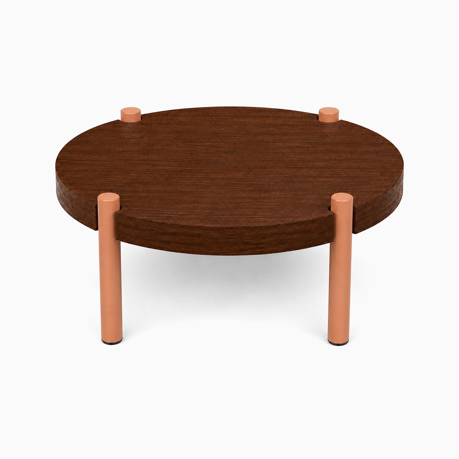Fern Plant Stand (Walnut) with round solid hardwood top and sturdy metal legs in copper finish, ideal for stylish plant display and organization.