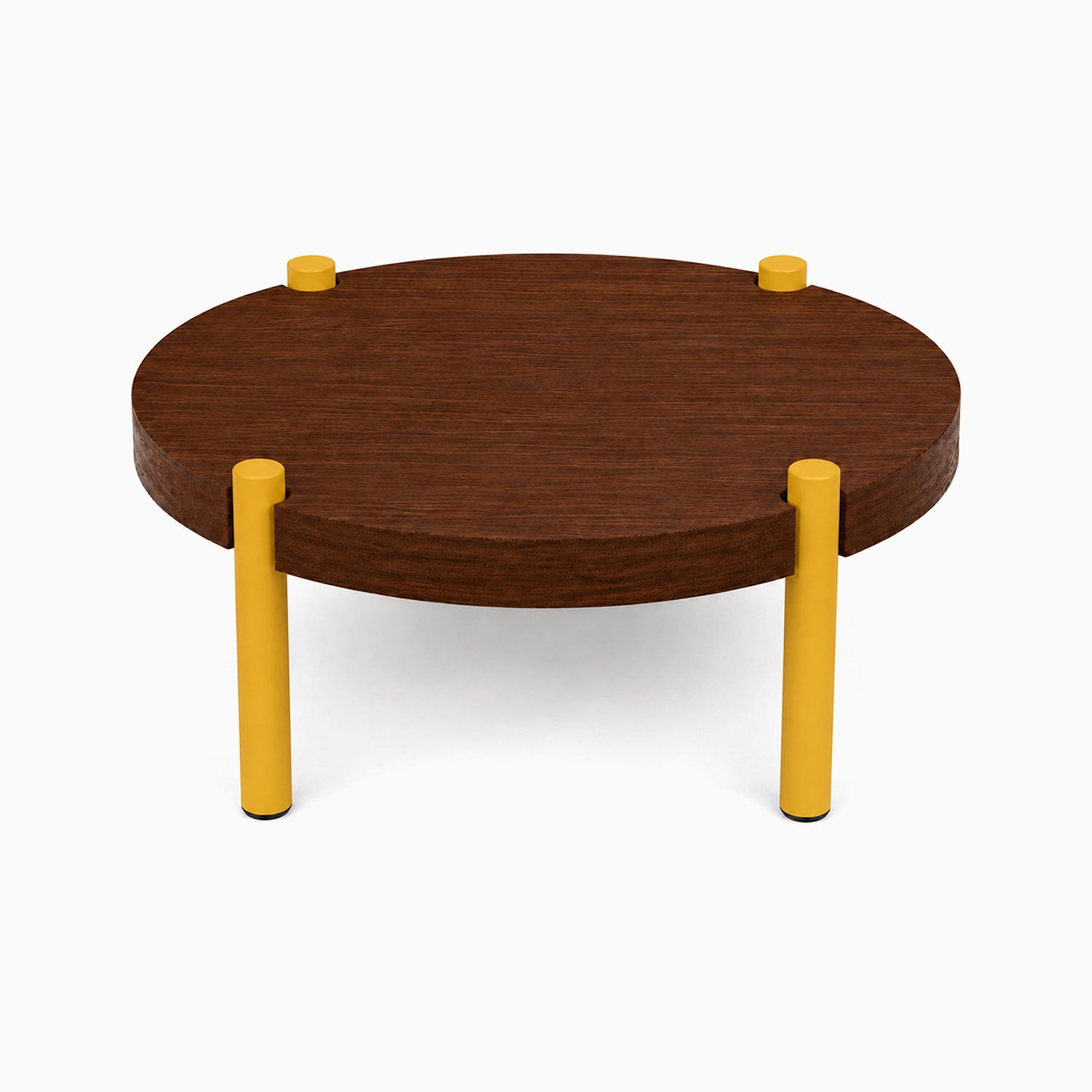 Fern Plant Stand (Walnut) with solid hardwood round surface supported by bright yellow metal legs, designed for functional and stylish plant display.