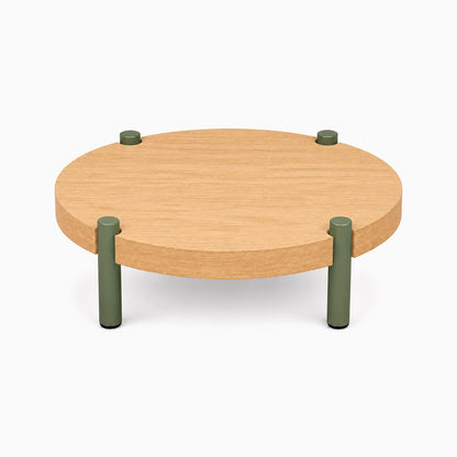 Fern Plant Stand (White Oak) with round solid hardwood top and minimalist green metal legs, perfect for stylish display and organization.