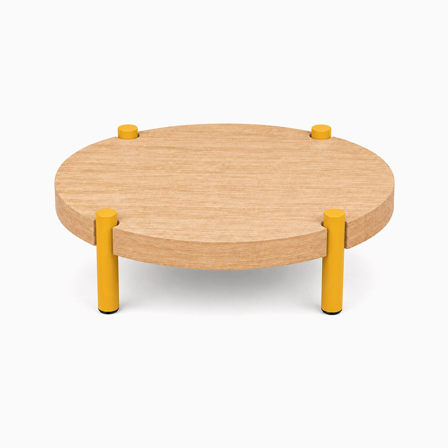 Fern Plant Stand (White Oak) with a round solid hardwood platform and sturdy yellow legs, designed for minimalist functional display and organization.
