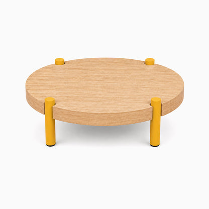 Fern Plant Stand (White Oak) with a round solid hardwood platform and sturdy yellow legs, designed for minimalist functional display and organization.