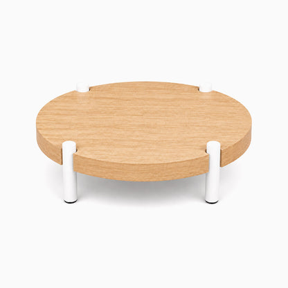 Fern Plant Stand (White Oak) with round solid hardwood top and white metal legs, minimalist design for stylish display and organization.