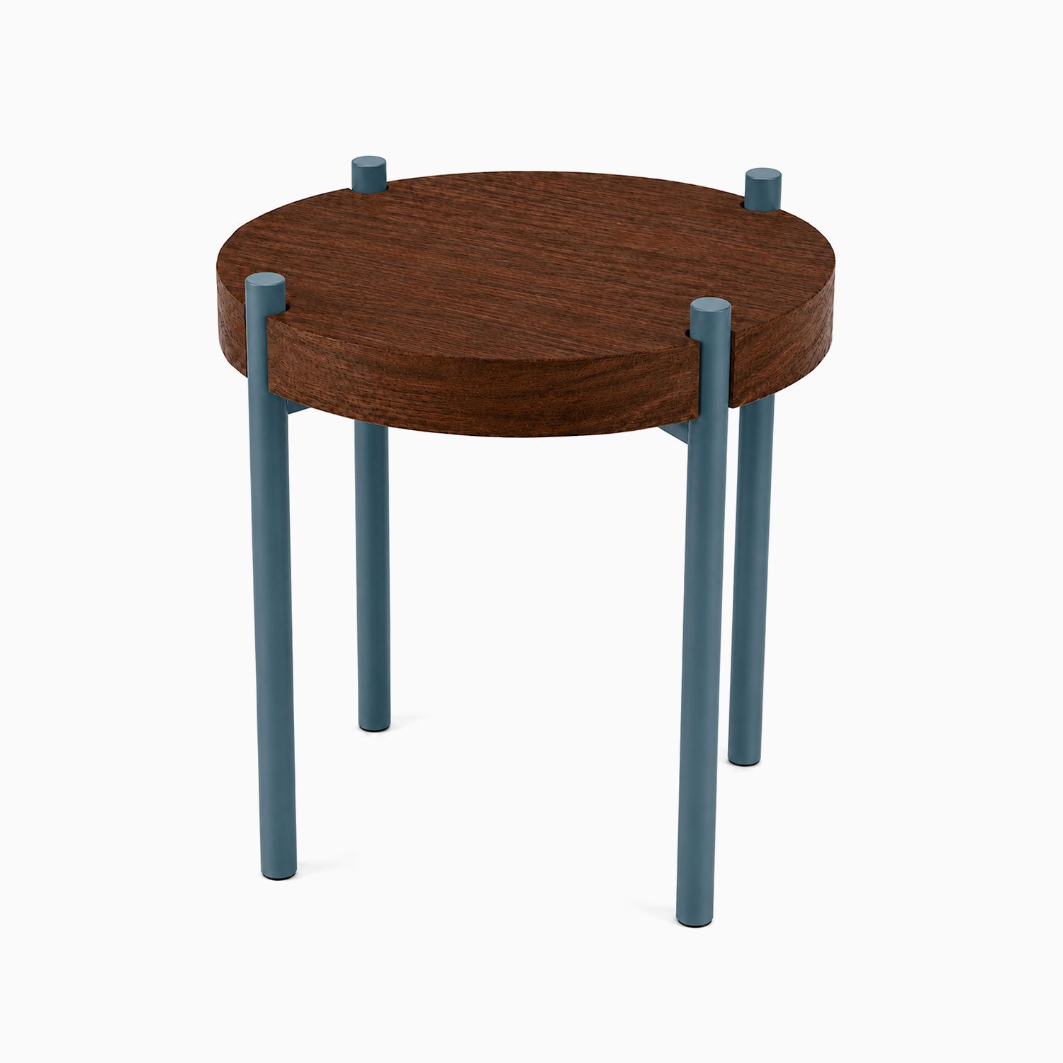 Fern Plant Stand (Walnut) featuring a minimalist round solid hardwood top supported by sleek steel legs, ideal for stylish wall shelves and display ledges.