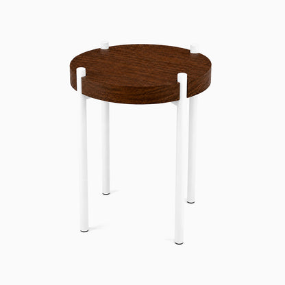 Minimalist Fern Plant Stand (Walnut) with a walnut round top and white metal legs, designed for functional wall shelves and display ledges.