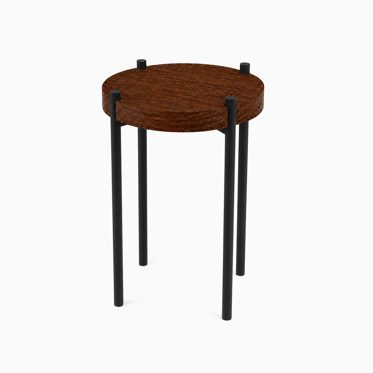 Fern Plant Stand (Walnut) featuring a minimalist round walnut wood top supported by sturdy black metal legs, designed to enhance organization and display.