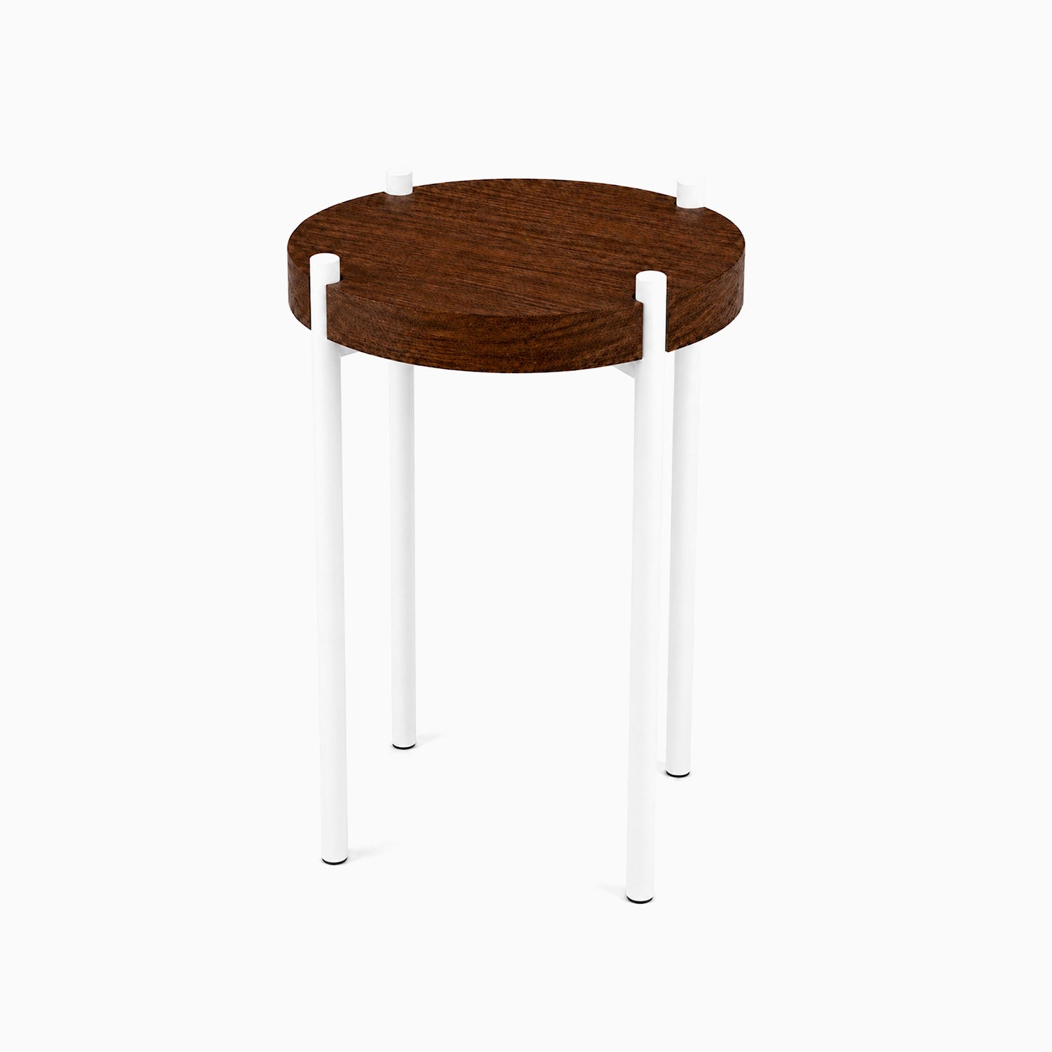 Fern Plant Stand (Walnut) with a minimalist round walnut top and sturdy white metal legs, perfect for stylish and functional plant display.