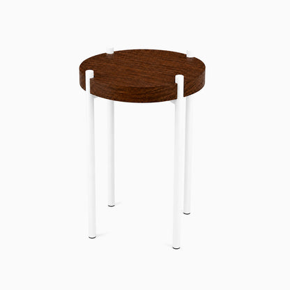 Fern Plant Stand (Walnut) with a minimalist round walnut top and sturdy white metal legs, perfect for stylish and functional plant display.