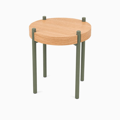Fern Plant Stand (White Oak) featuring a round white oak top with sturdy green metal legs, showcasing minimalist mixed-material design by Shelfology.