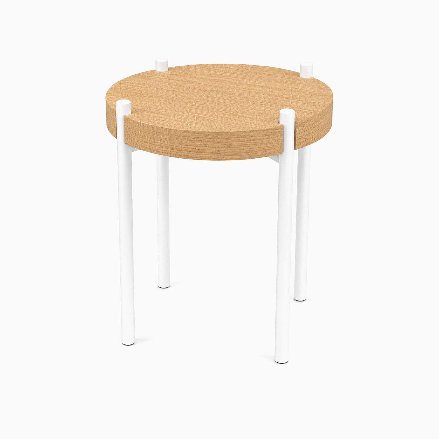 Fern Plant Stand (White Oak) featuring a minimalist round white oak top with sturdy white steel legs for functional, stylish plant display.