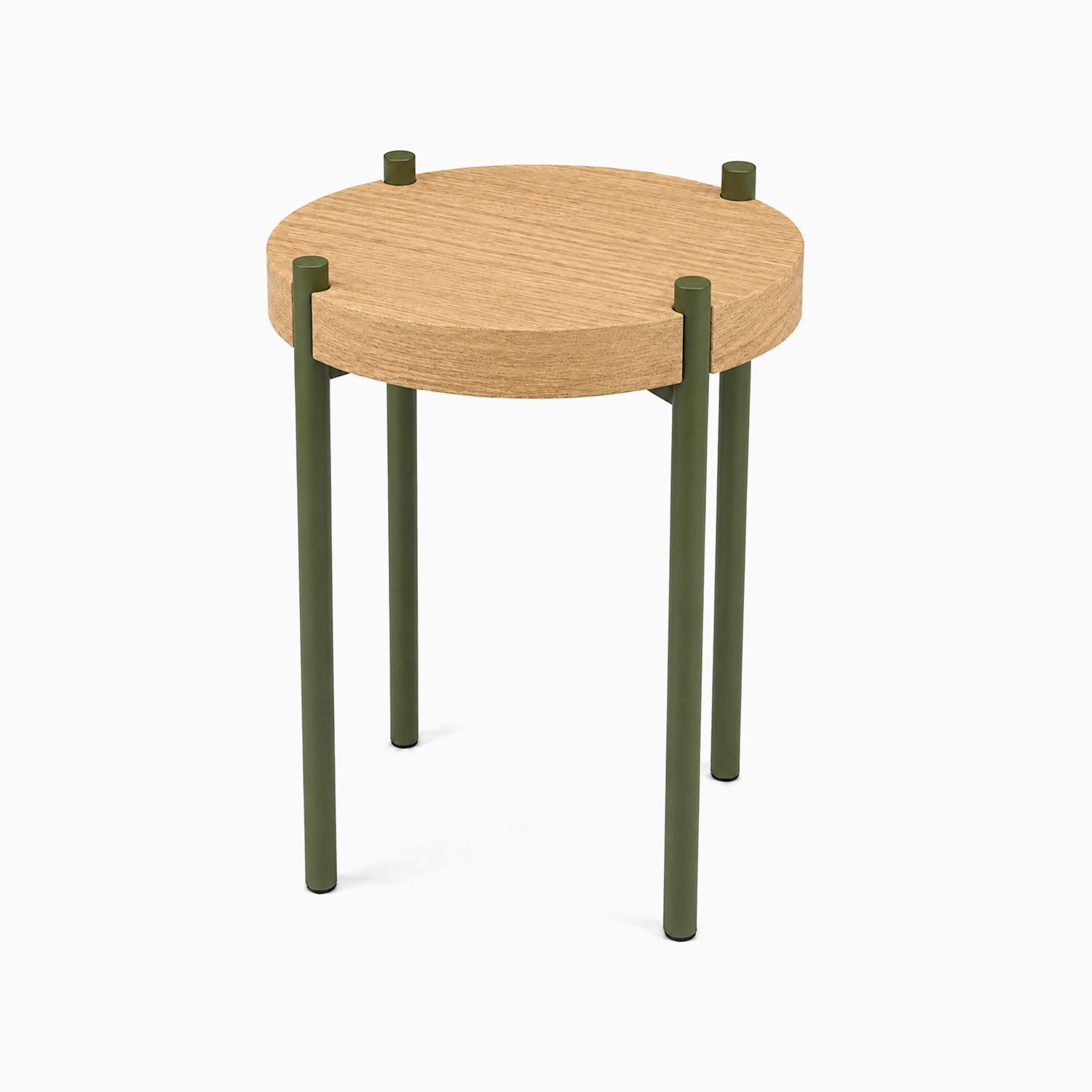 Fern Plant Stand (White Oak) with a minimalist white oak round top and sturdy olive green metal legs, designed for stylish and functional plant display.