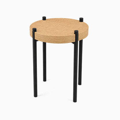 Fern Plant Stand (White Oak) with minimalist round solid hardwood top and sturdy black metal legs, designed for stylish plant display and organization.