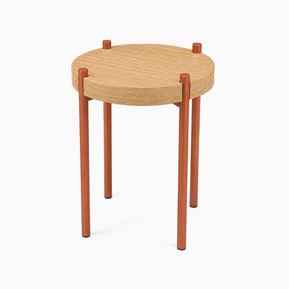 Minimalist Fern Plant Stand (White Oak) with a round solid hardwood top and slender rust-colored metal legs, ideal for stylish plant display.