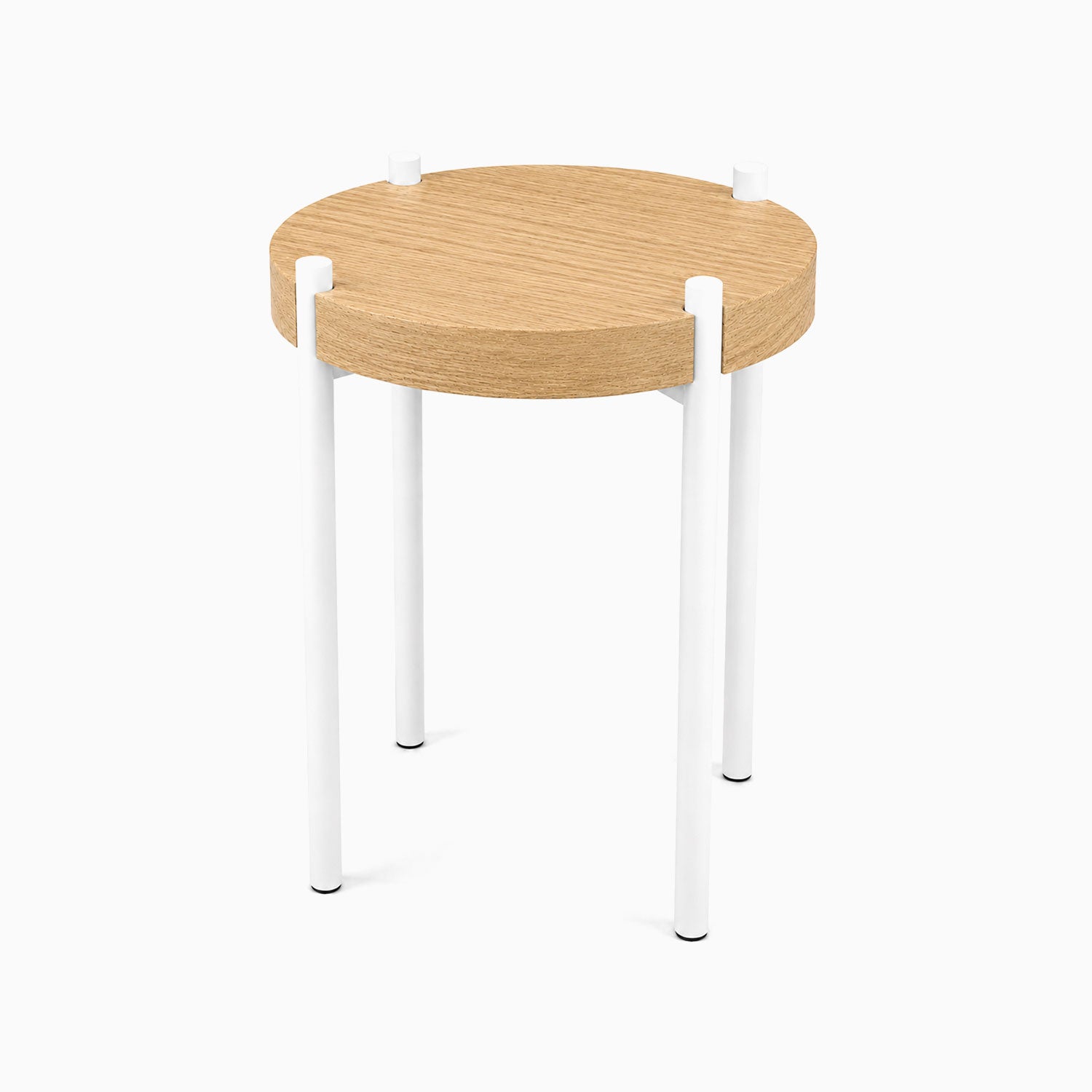 Minimalist Fern Plant Stand (White Oak) with a round solid hardwood top and white metal legs, designed for functional, stylish plant display.