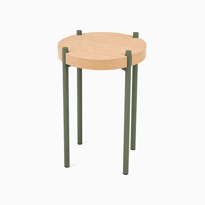 Fern Plant Stand (White Oak) with minimalist round solid hardwood top and durable olive green steel legs, perfect for displaying plants and decor.