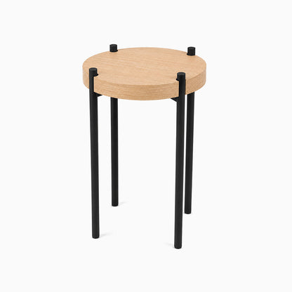 Fern Plant Stand (White Oak) with a round solid hardwood top and sturdy black metal legs, perfect for minimalist functional display and organization.