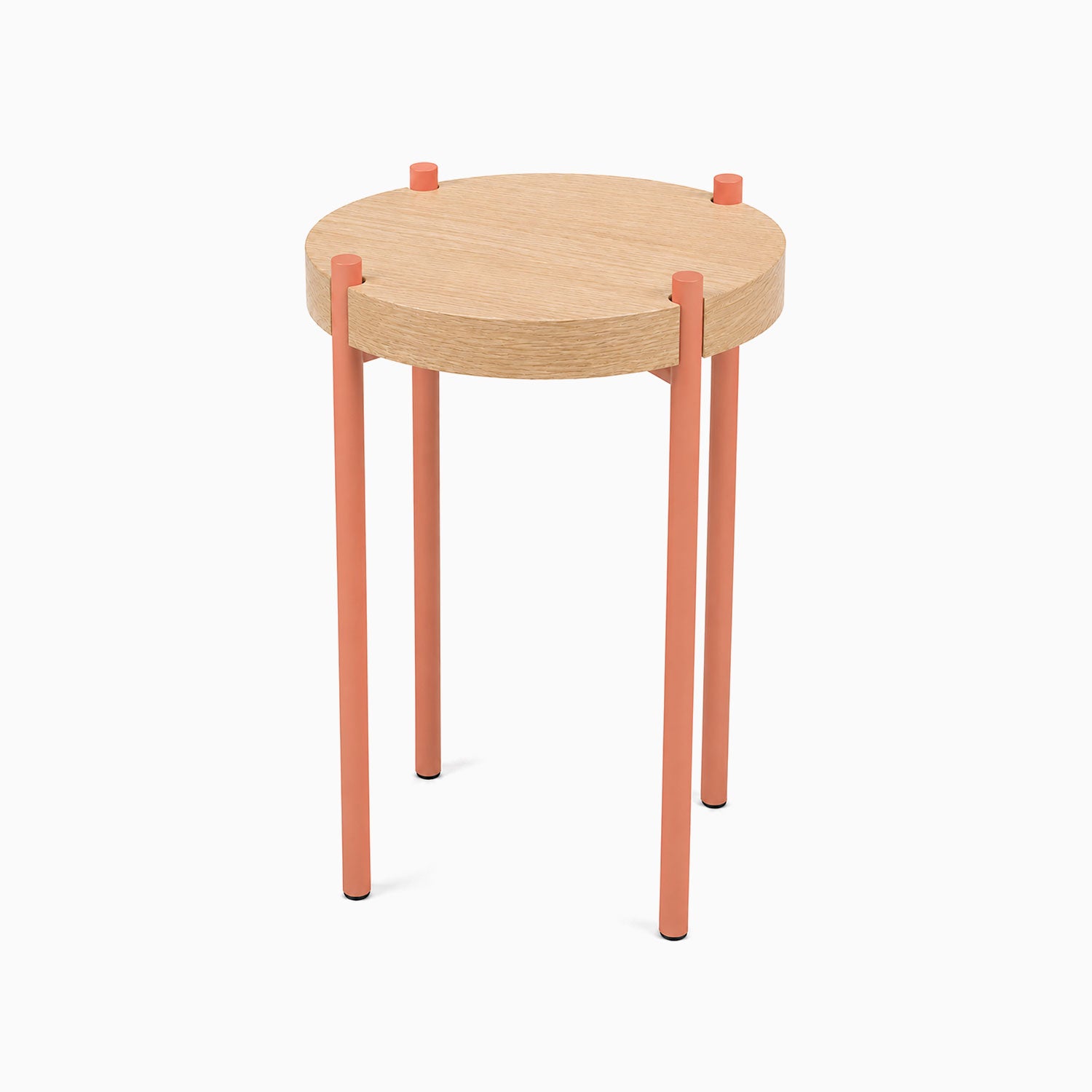 Minimalist Fern Plant Stand (White Oak) with a round solid hardwood top and sleek coral metal legs, perfect for organized stylish display.