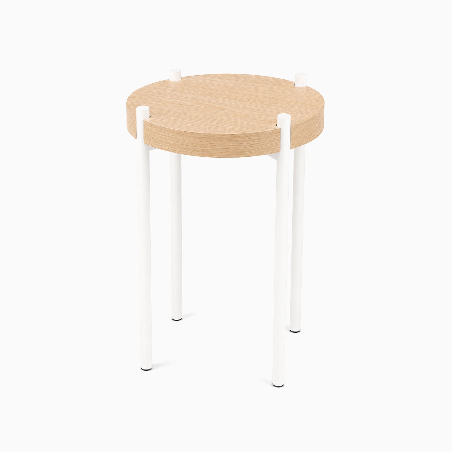 Minimalist Fern Plant Stand (White Oak) with durable white steel legs and solid hardwood round top, designed for functional and stylish display.