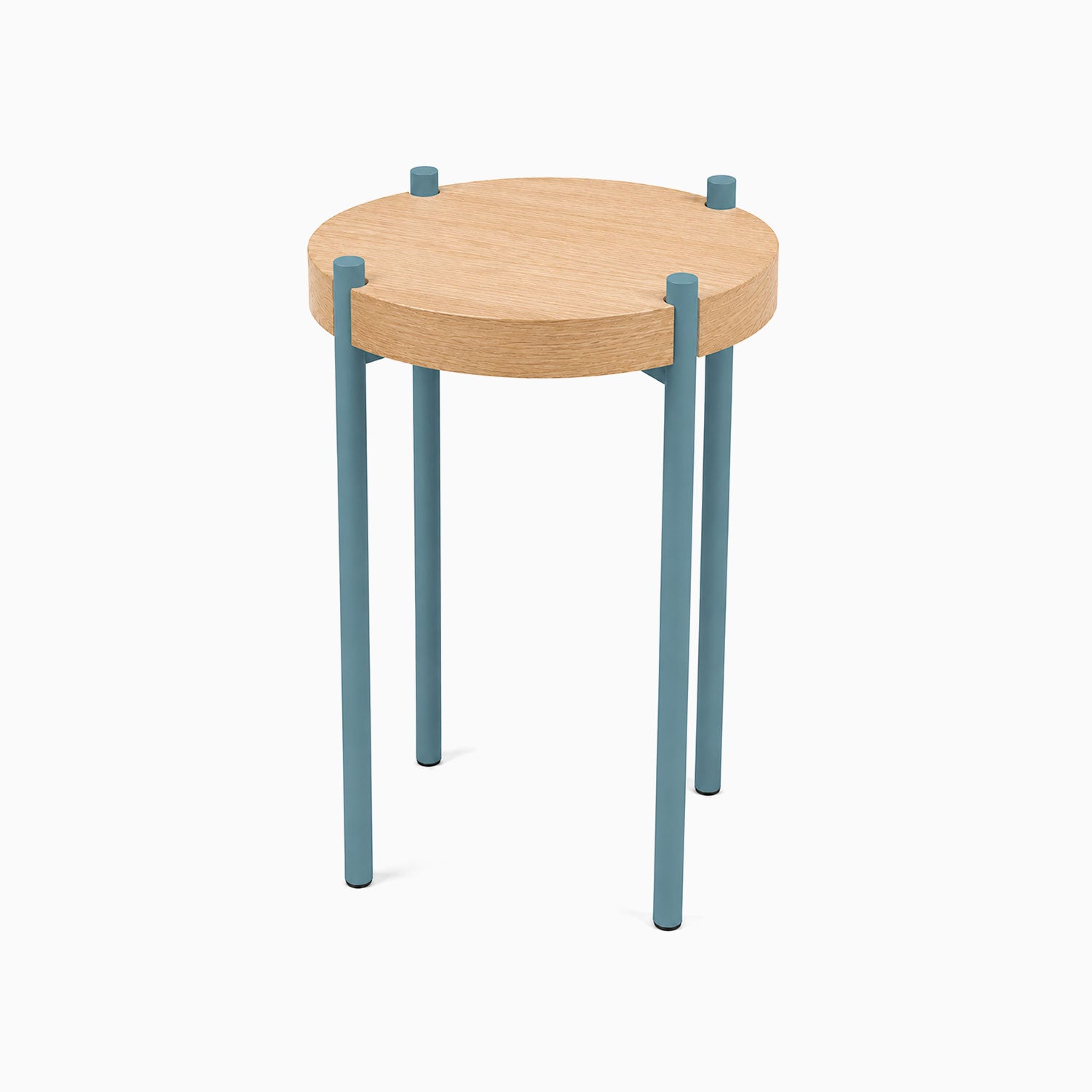 Fern Plant Stand (White Oak) featuring a minimalist round white oak top with sturdy blue metal legs, designed for stylish plant display and home organization.