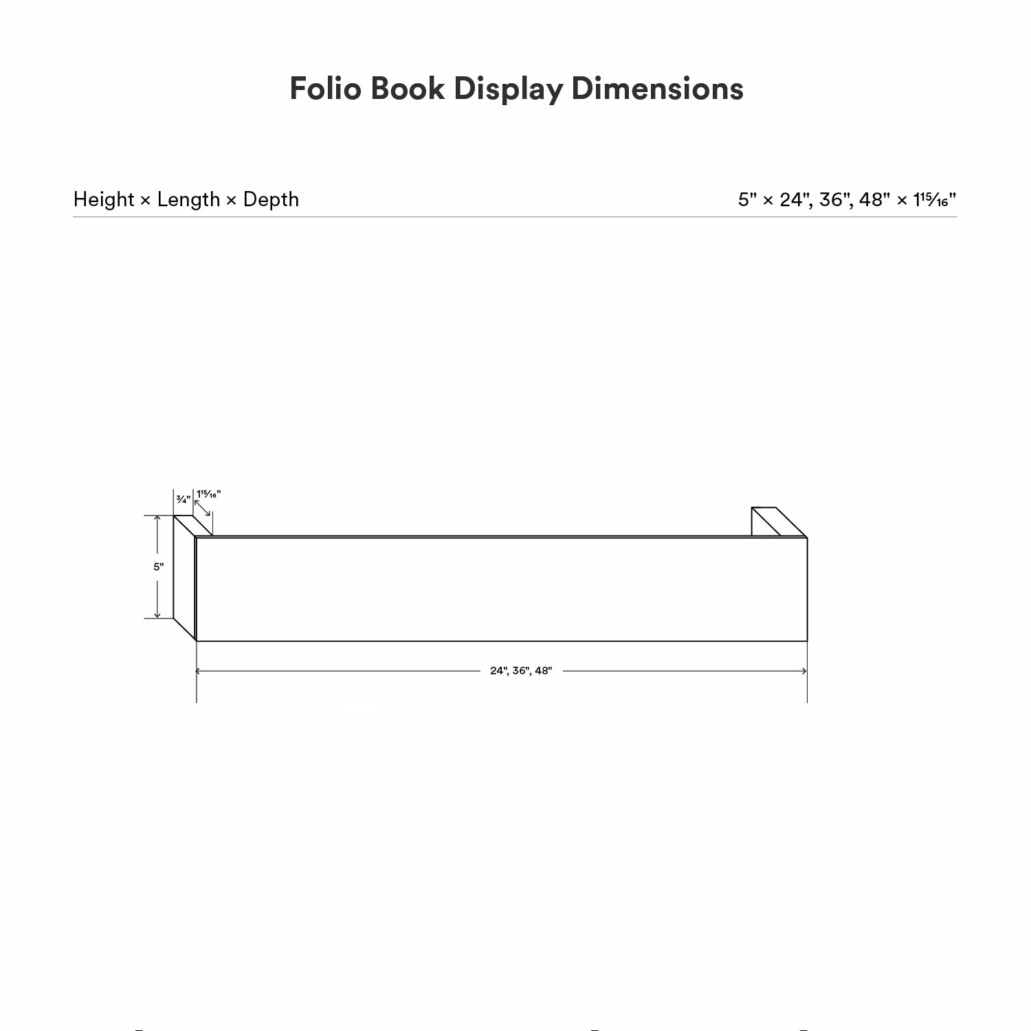 Technical line drawing showing dimensions of Folio Art Book Display with height, length, and depth measurements for functional wall shelf placement and display.