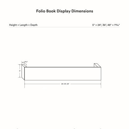 Technical line drawing showing dimensions of Folio Art Book Display with height, length, and depth measurements for functional wall shelf placement and display.