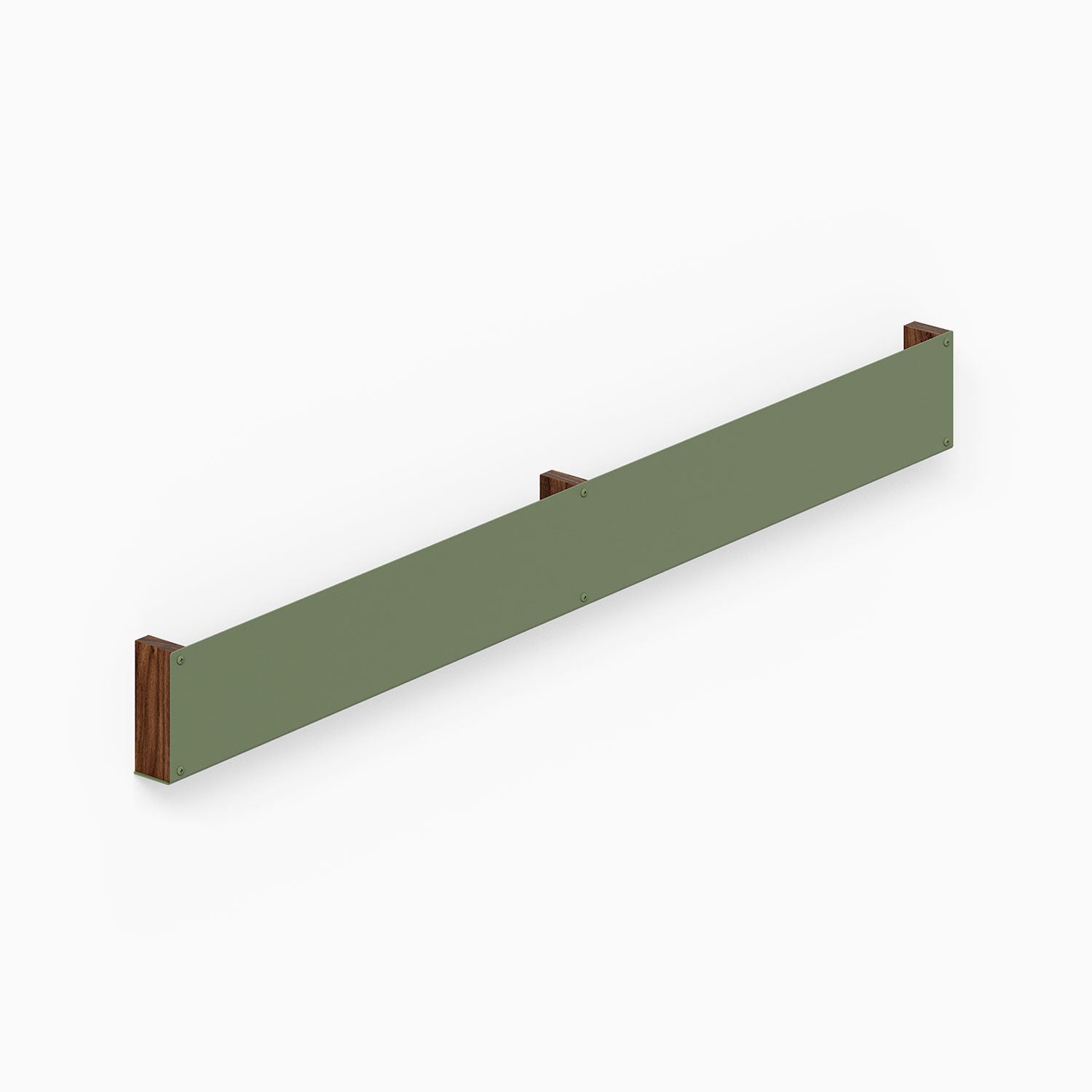 Minimalist Folio Art Book Display with olive green metal ledge and walnut wood brackets, designed for functional wall display and organization.