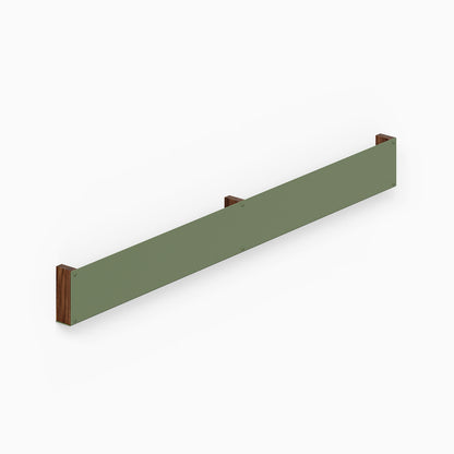 Minimalist Folio Art Book Display with olive green metal ledge and walnut wood brackets, designed for functional wall display and organization.