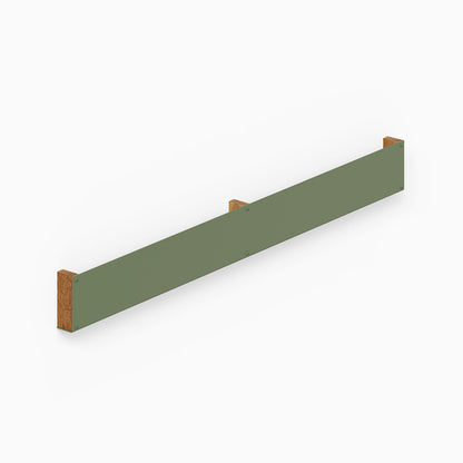 Minimalist Folio Art Book Display with olive green front panel and oak wood ends, designed to organize and beautifully display art books on walls.