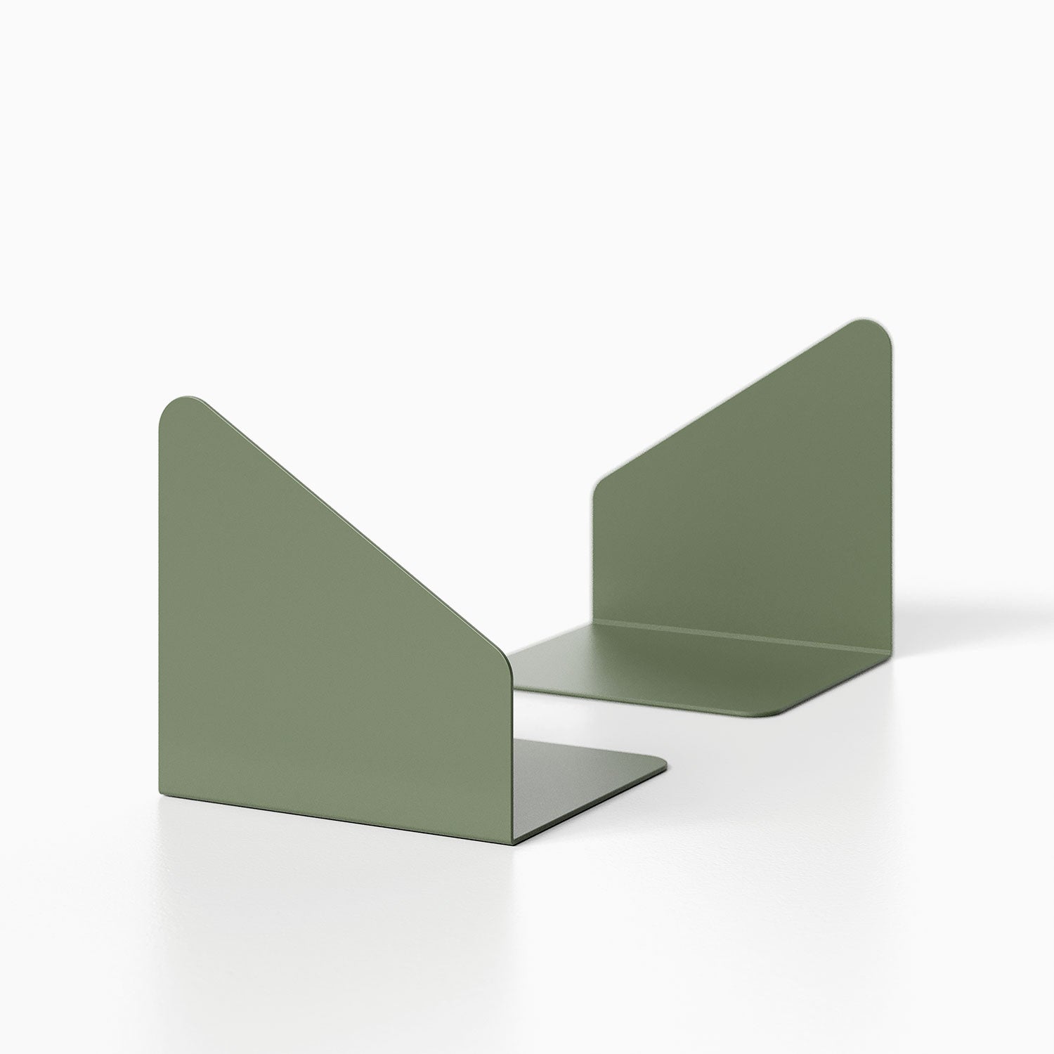 Geo Angle Bookend (Set of Two) in matte green metal with minimalist, angled design for organizing books and maximizing shelf space.