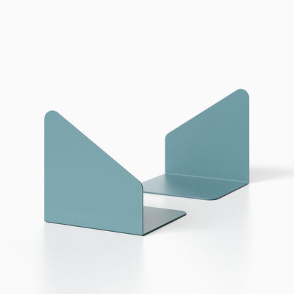 Geo Angle Bookend (Set of Two) in matte blue metal, minimalist design ideal for organizing books on shelves or desks with a sleek, functional style.