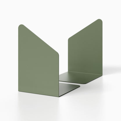 Geo Angle Bookend (Set of Two) in matte green metal with minimalist geometric design, ideal for organizing shelves and displaying books.