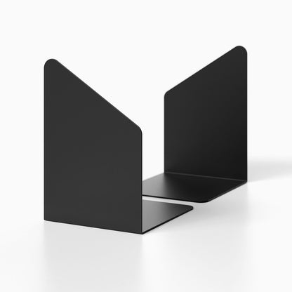 Two black metal Geo Angle Bookend (Set of Two) with a minimalist design for organizing books and displaying treasures on shelves.