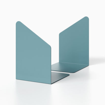 Pair of minimalist Geo Angle Bookend (Set of Two) in muted blue steel, designed for functional shelf and wall display organization.