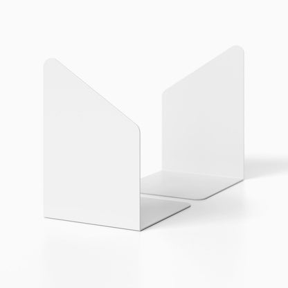 Geo Angle Bookend (Set of Two) in white metal with minimalist design, perfect for organizing and supporting books on shelves or desks.