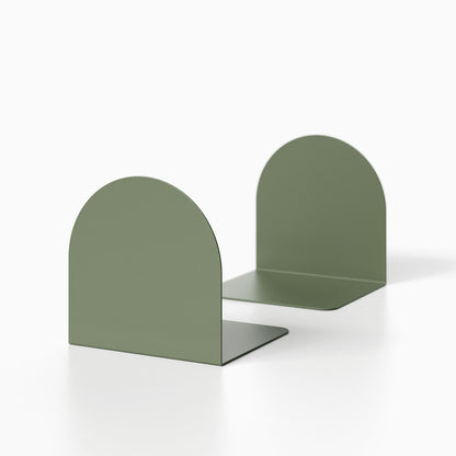 Geo Round Bookend (Set of Two) in matte olive green metal with minimalist rounded design, ideal for modern shelf and wall display organization.