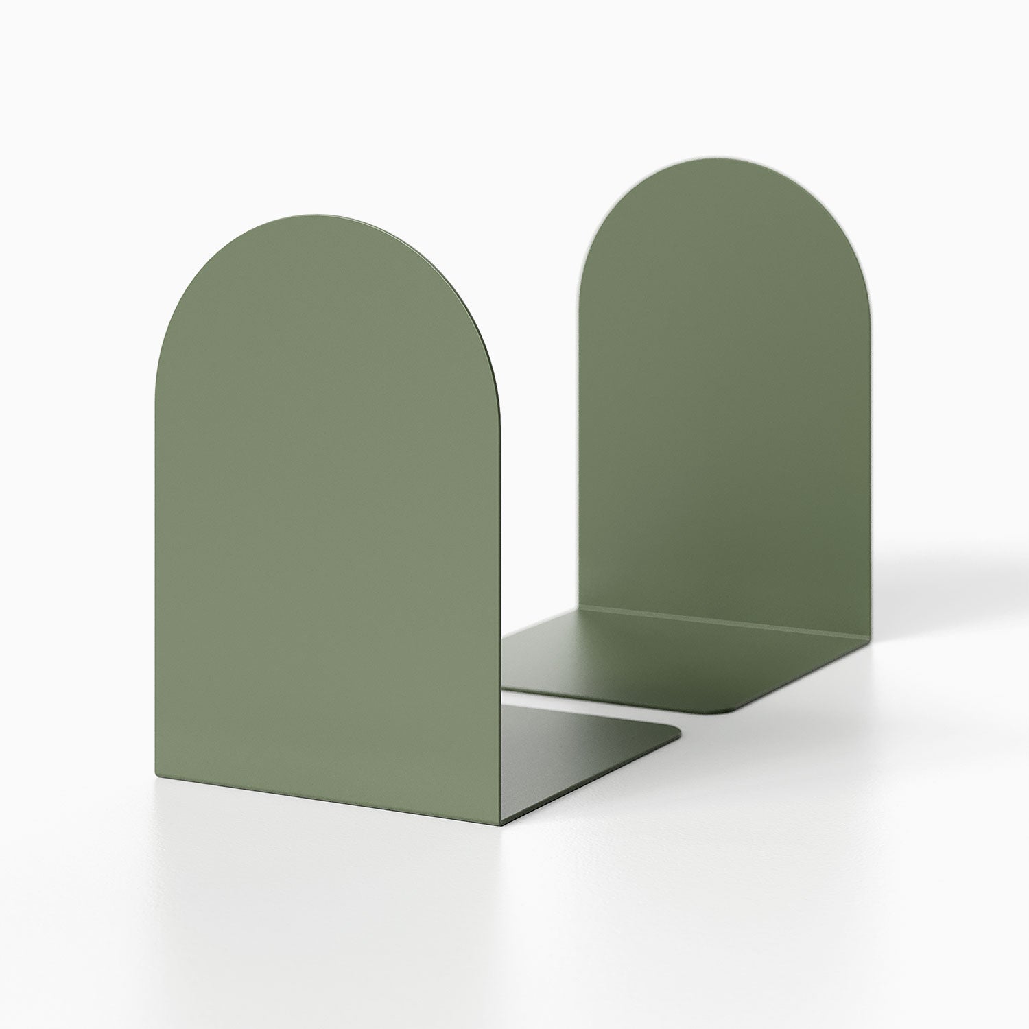 Geo Round Bookend (Set of Two) in matte green metal with minimalist rounded tops, designed for functional and stylish book organization.
