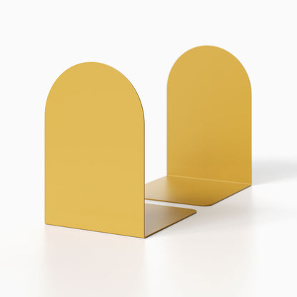Minimalist mustard yellow metal Geo Round Bookend (Set of Two) with a smooth curved top, ideal for stylish shelf and wall display organization.