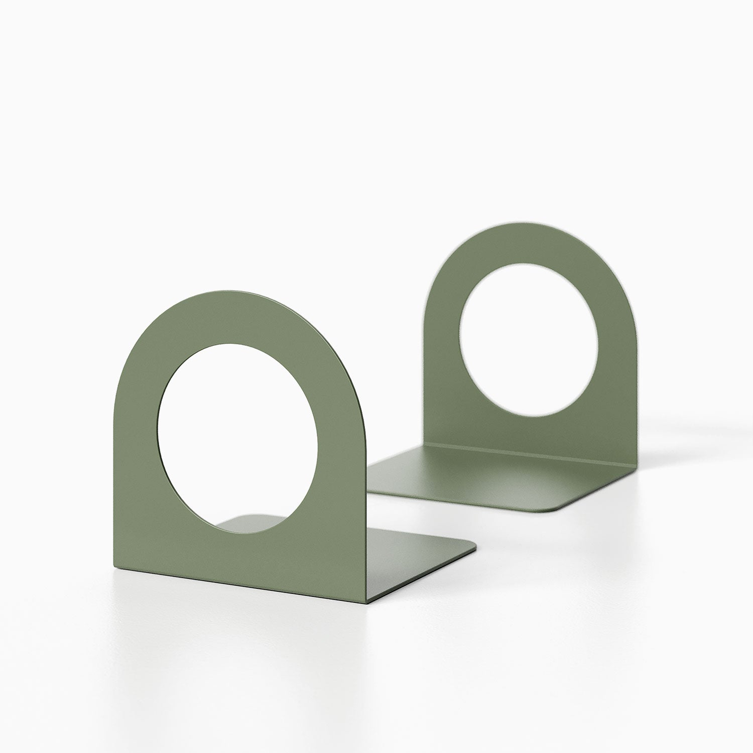 Pair of olive green metal Geo Round Open Bookend (Set of Two) with minimalist round cutout design for functional wall shelves and organization.