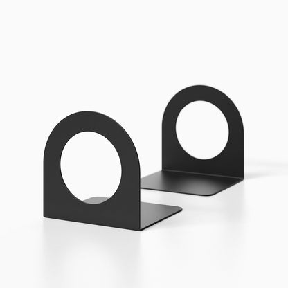 Pair of black minimalist metal Geo Round Open Bookend (Set of Two) with circular cutout design for sleek shelf and wall display organization.