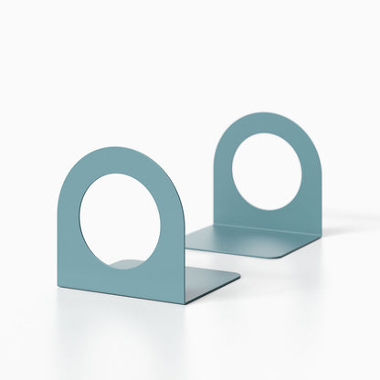 Geo Round Open Bookend (Set of Two) in minimalist steel design with circular cutout, perfect for modern shelf and wall display organization.