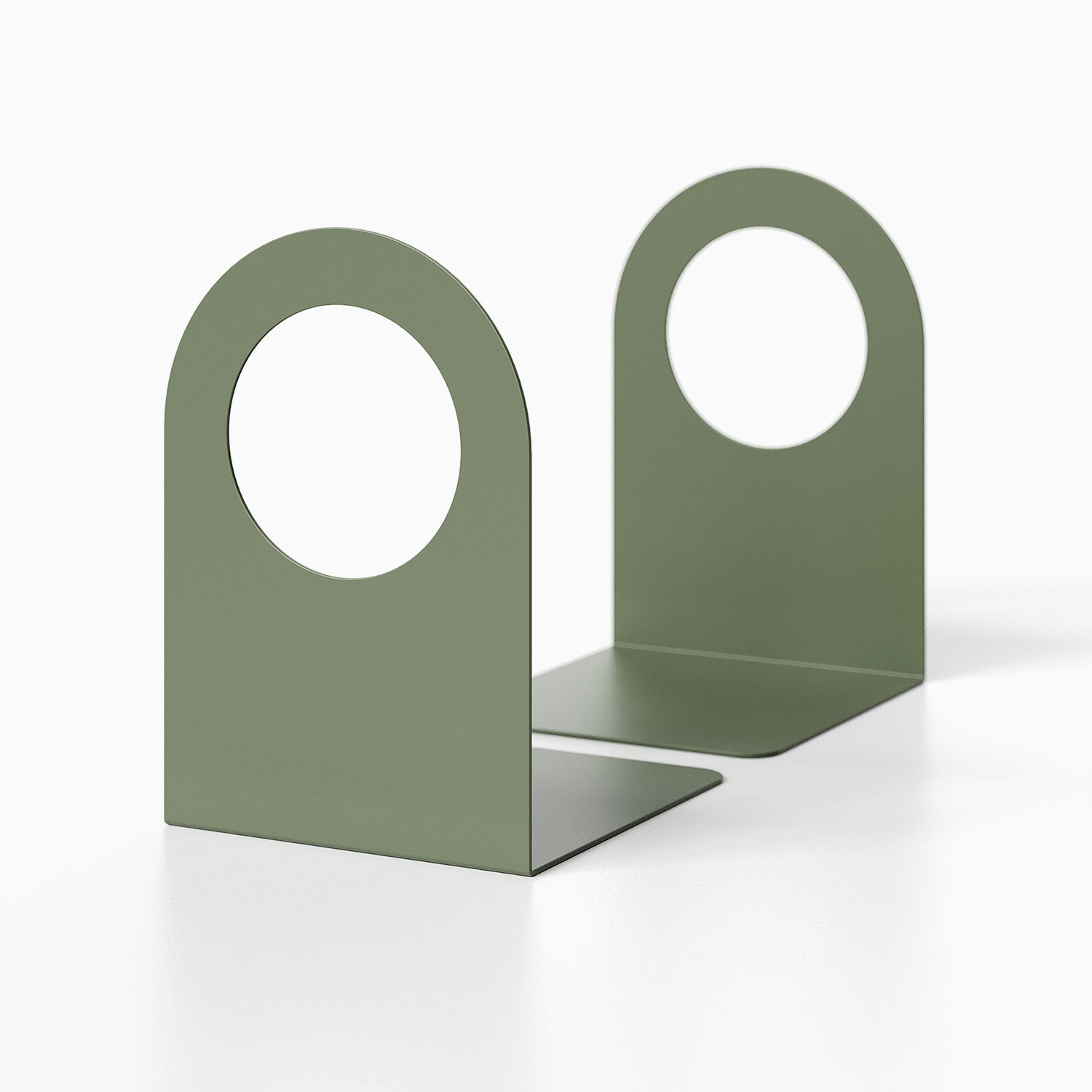Geo Round Open Bookend (Set of Two) in matte olive green steel with minimalist geometric circular cutout design for modern shelf and wall display.
