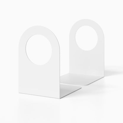 Minimalist white metal Geo Round Open Bookend (Set of Two) with circular cutouts, designed for functional and stylish book organization.