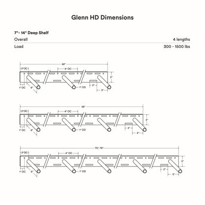 Glenn HD Floating Mantel Bracket dimension diagram showing 7 to 14 inch shelf depth four lengths and 300 to 1500 pound load capacity