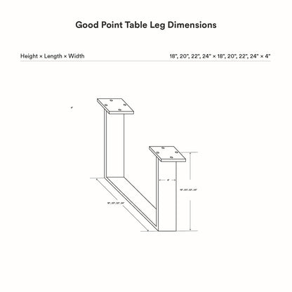 Technical line drawing showing dimensions for Good Point Coffee Table Legs (Two Legs) with height, length, and width measurements for customizable table support.