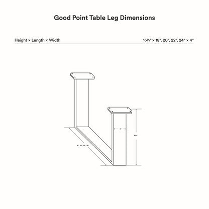 Technical line drawing showing dimensions of Good Point Coffee Table Legs (Set of Two) with different height, length, and width measurements for precise furniture assembly.